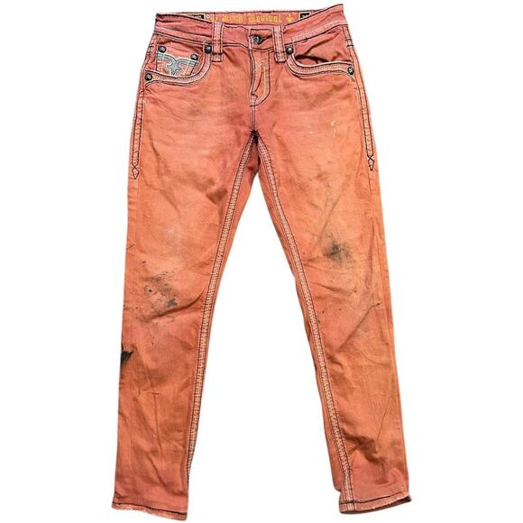 Rock Revival Y2K Jacoby Orange Fleur De Lis Jeans - Picture 4 of 6